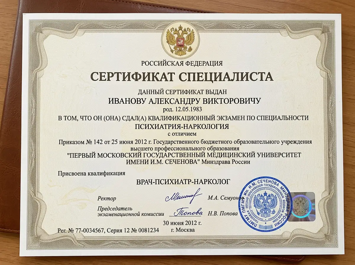 Сертификат специалиста врача-психиатра-нарколога, диплом государственного образца с печатью медицинского ВУЗа, официальный документ