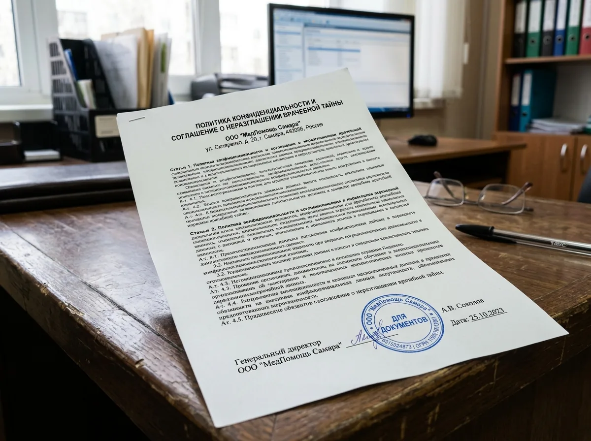 Политика конфиденциальности медицинской организации, договор о неразглашении врачебной тайны, официальный документ с печатью ООО МедПомощь Самара